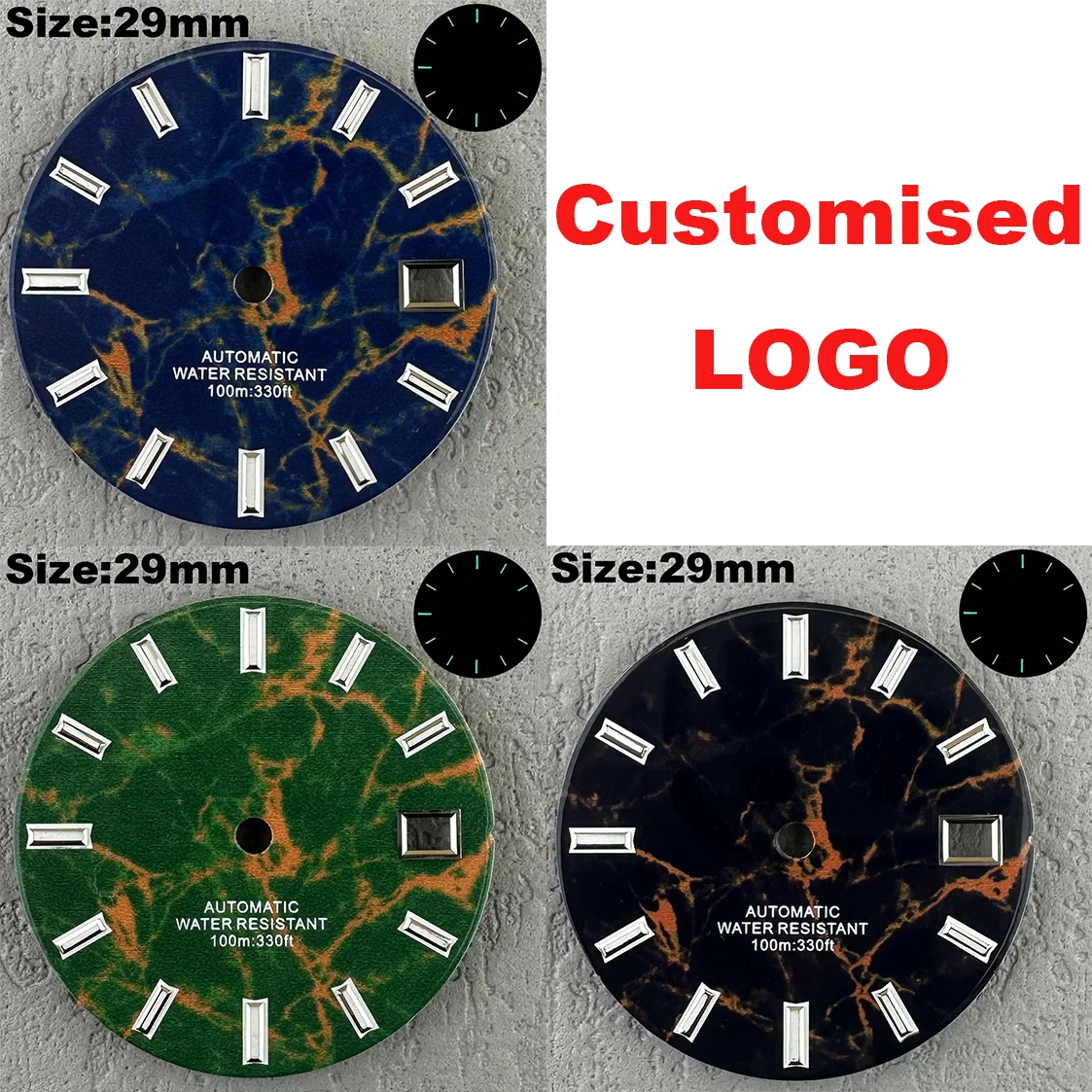 

29mm dial blue/black/green disc fits NH35 NH36 movement 3/3.8 o'clock crown case green luminescent Customised LOGO available
