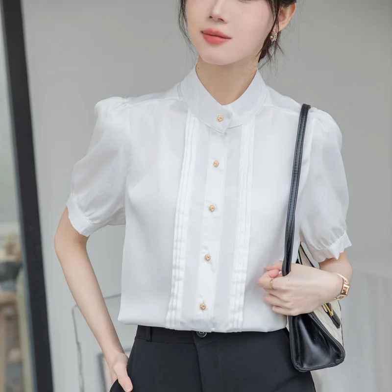 

Женская шифоновая блузка на пуговицах, Элегантная модная блузка свободного покроя с коротким рукавом-фонариком для офиса, лето