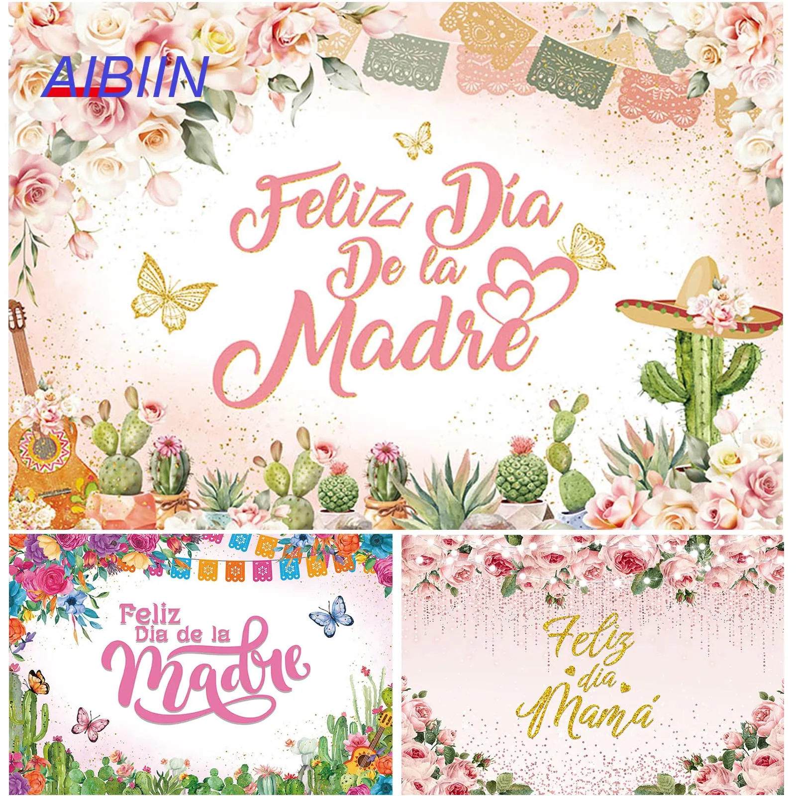 

AIBIIN Happy Mother’s Day Backdrops Pink Flower Cactus Butterfly Gold Dots Photography Background Party Decor Mum Photozone