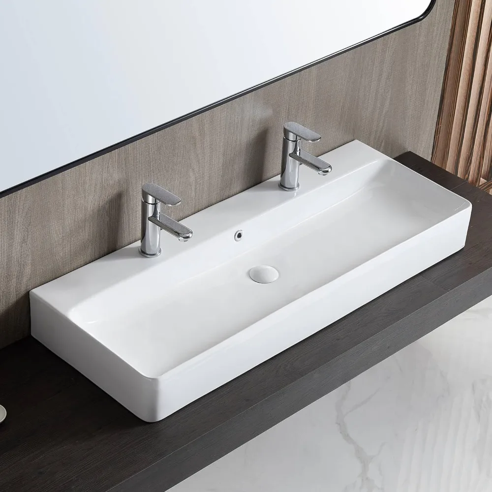 Bathroom Sink Rectangle 43" x 16", Two Hole Vitreous Ceramic Vessel Sink, Countertop & Wall Mount, Modern Porcelain Glossy White 
Bathroom Sink Rectangle 43" x 16", Two Hole Vitreous Ceramic Vessel Sink, Countertop & Wall Mount, Modern Porcelain Glossy White