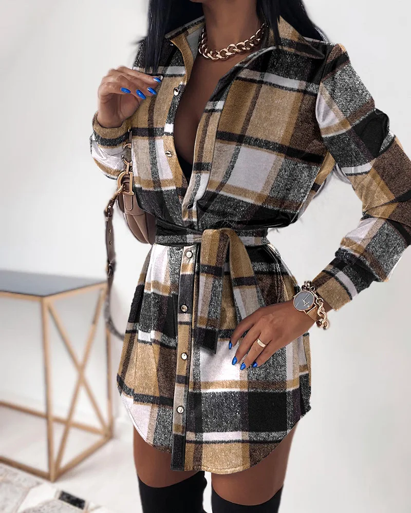 Plaid Print Long Sleeve Button Down Shirt Dress Women High Waist Sashes Fashion Casual Mini Shirts Dress
Plaid Print Long Sleeve Button Down Shirt Dress Women High Waist Sashes Fashion Casual Mini Shirts Dress