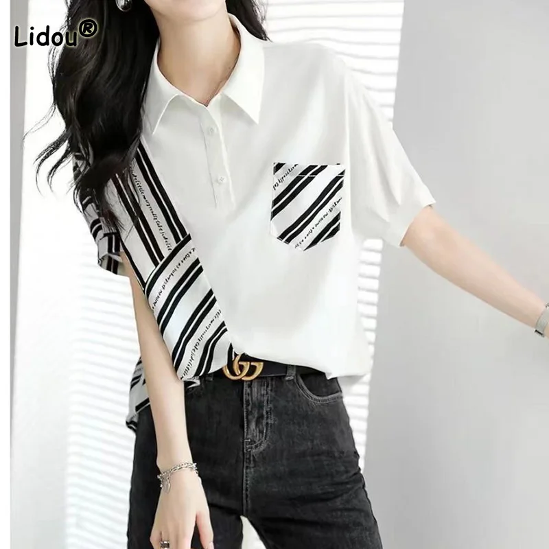 Summer Office Lady Letter Striped Print Short Sleeve Shirt Fashion Polo-Neck Button Loose Pockets Chiffon Pullover Female Blouse
Summer Office Lady Letter Striped Print Short Sleeve Shirt Fashion Polo-Neck Button Loose Pockets Chiffon Pullover Female Blouse