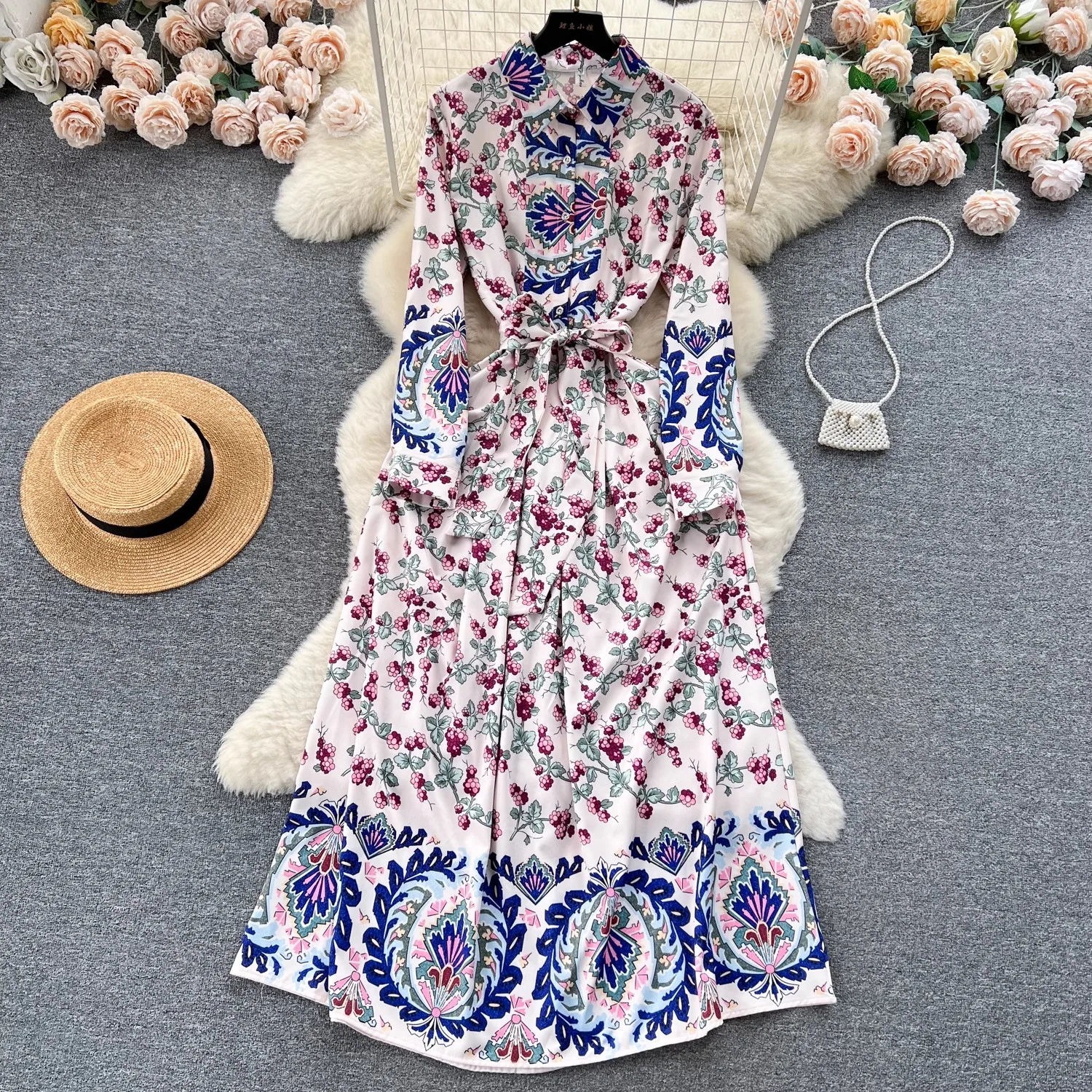 

Runway Autumn Long Sleeve Maxi Dress Floral Print Women 2023 Designer Shirt Collar Single Breasted Sashes Holiday Robes Vestidos