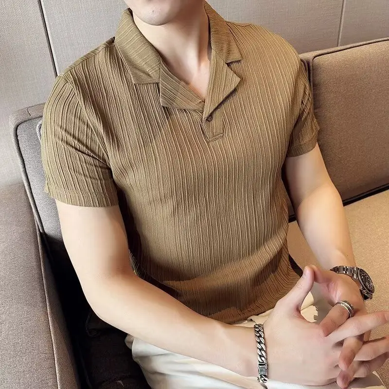High-end Men Clothing British Style Polo Shirt Men Summer Short Sleeve Tee Slim Lapel Ice Silk Striped Polo T-shirts for Men
High-end Men Clothing British Style Polo Shirt Men Summer Short Sleeve Tee Slim Lapel Ice Silk Striped Polo T-shirts for Men