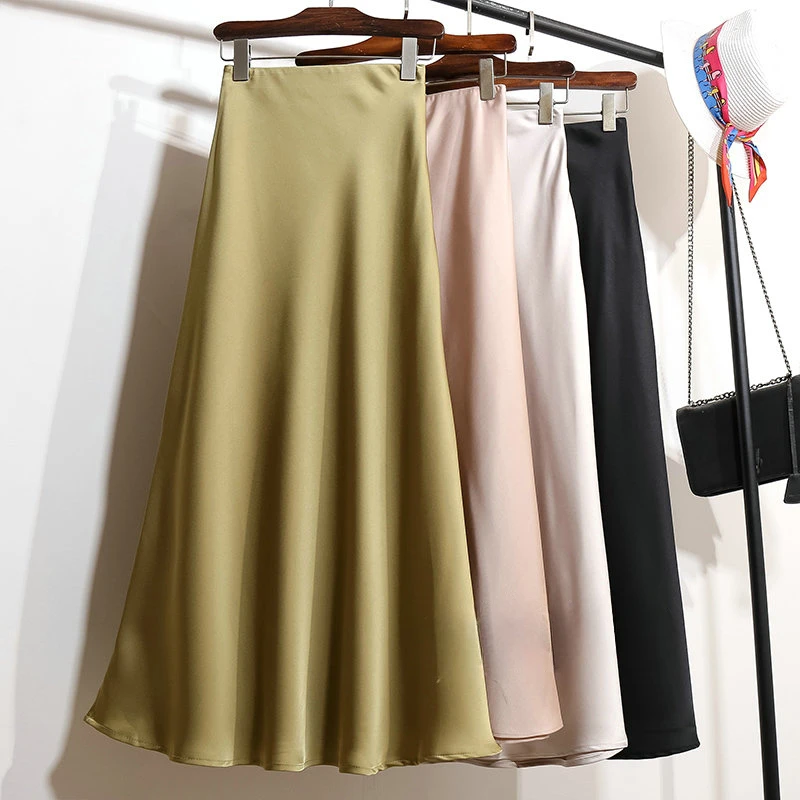 

High Waisted A-line Skirt for Women Satin Silk Solid Elegant Skirts Office Lady Elastic Waist Women's Long Skirt 2024 Summer