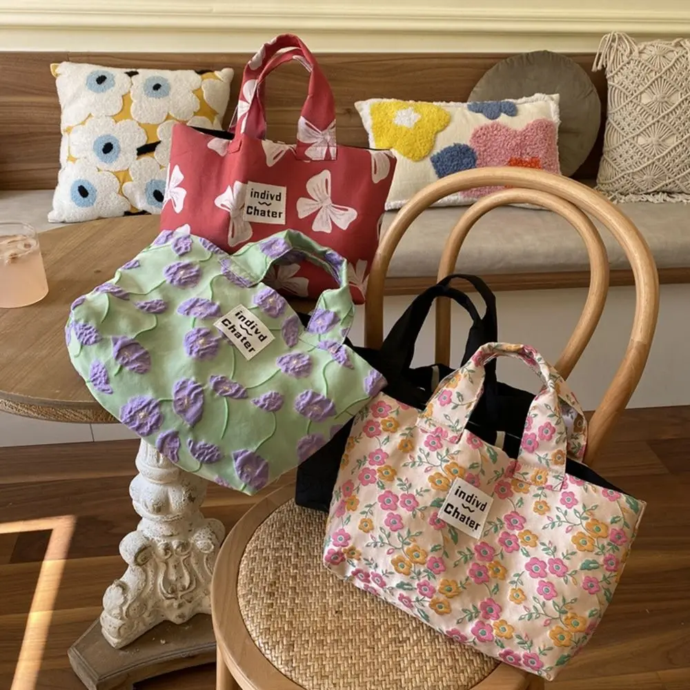 

Tulip Floral Canvas Tote Bag Sweet French Style Oil Painting Lunch Bag Handholder Multifunctional Bow Handbag Shopping