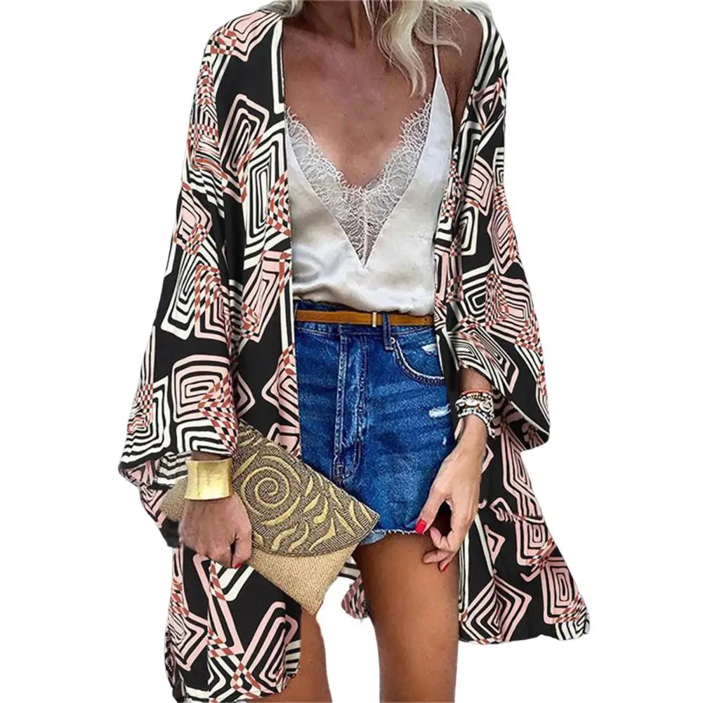 

Women Blouse Geometric Print Batwing Sleeve Summer Bohemian Sun Protection Long Cardigan