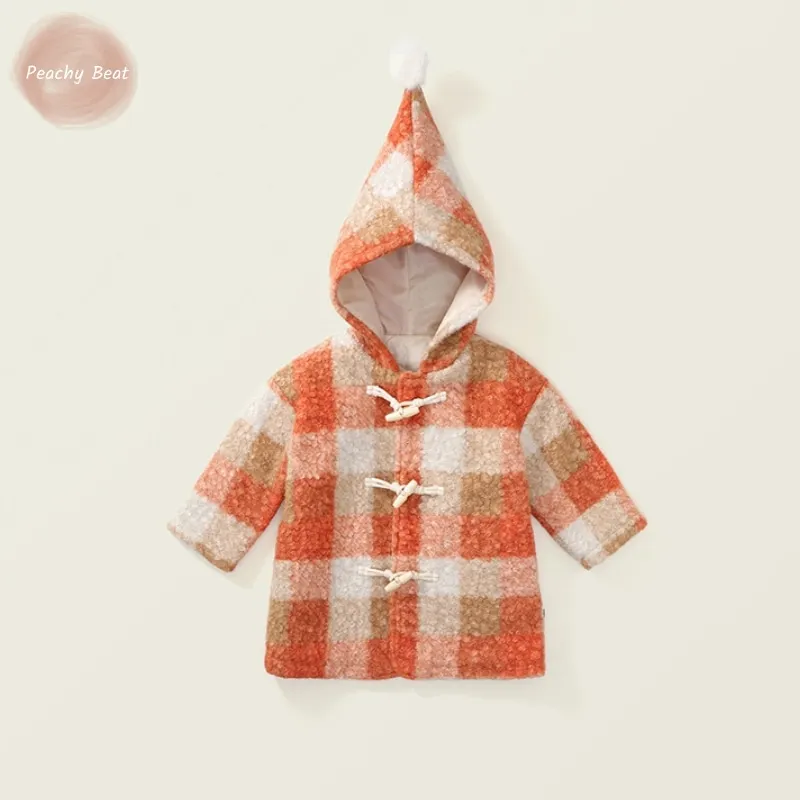 

Baby Girl Princess Lamb Hair Cow Horn Button Hooded Plaid Jacket Toddler Child Winter Woolen Coat Thick Warm Baby Clothes 1-10Y