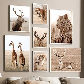 아프리카 사슴 레오파드 코끼리 호랑이 기린 사자 캔버스 그림, 동물 벽 아트 포스터, 거실 장식, 홈 데코 상품 이미지