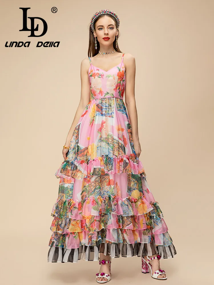 

LD LINDA DELLA New Style Runway Designer Dress Women's Suspender Print High Waist Splice Cascading Ruffle Elegant Party Dress
