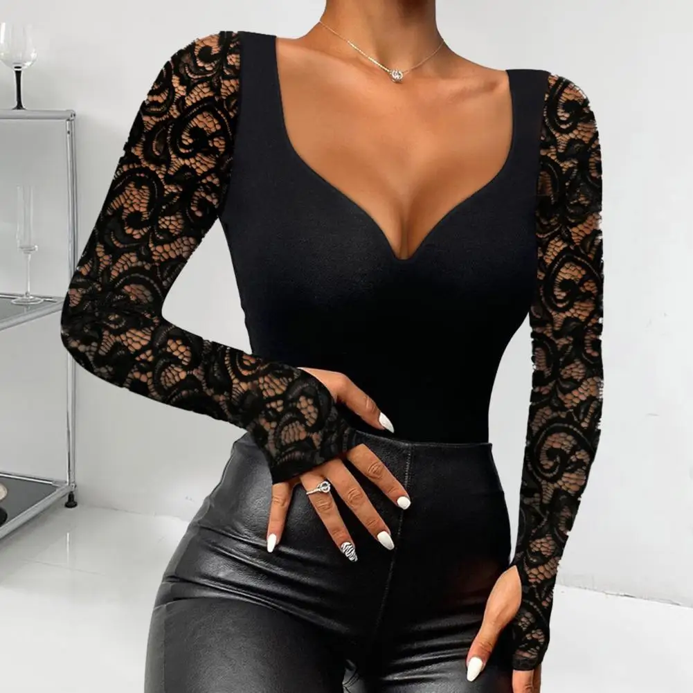 

Women Slim Fit Top Stylish Mock Neck Blouse with Lace Stitching Bead Decor Slim Fit Long Sleeve Top for Women Versatile Pullover