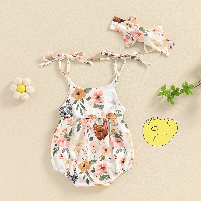 

Baby Girls Summer Cami Romper Infant Sleeveless Floral Chicken Print Romper with Headband