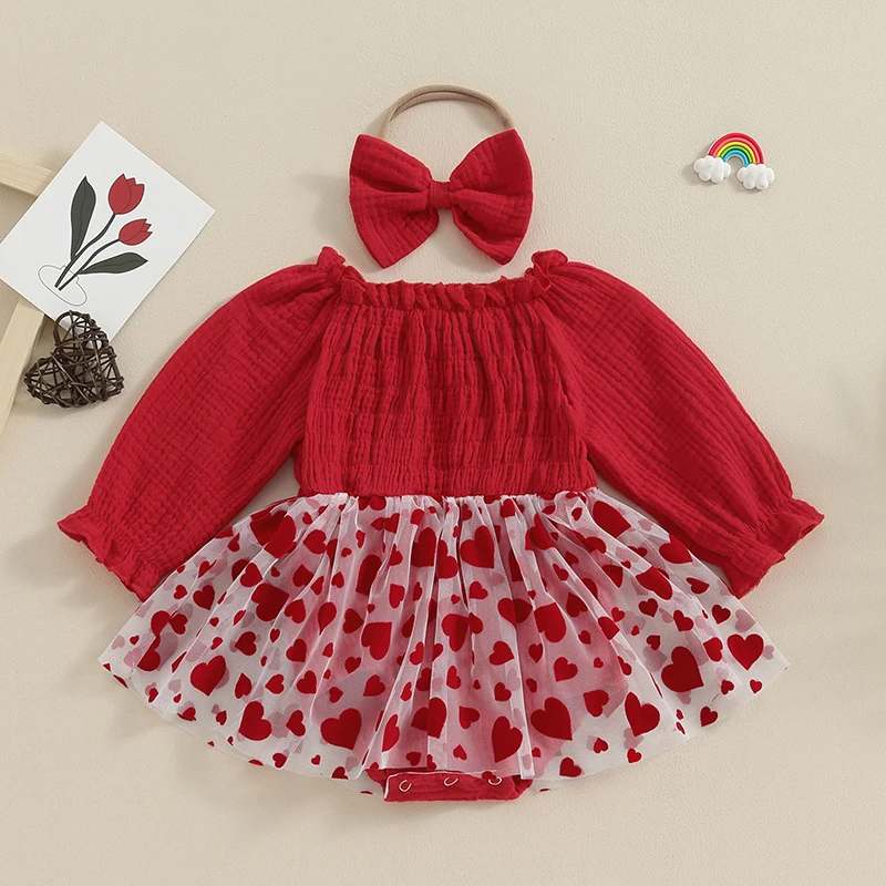 

SUNSIOM Baby Girls Valentine's Day Rompers Cute Long Sleeve Heart Print Romper Dress with Bow Headband Outfit