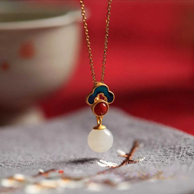 

White Jade Bead Pendant Necklace Chalcedony Gemstone Gifts Fashion Zircon Chinese Natural Crystal Amulet Charm 925 Silver Women