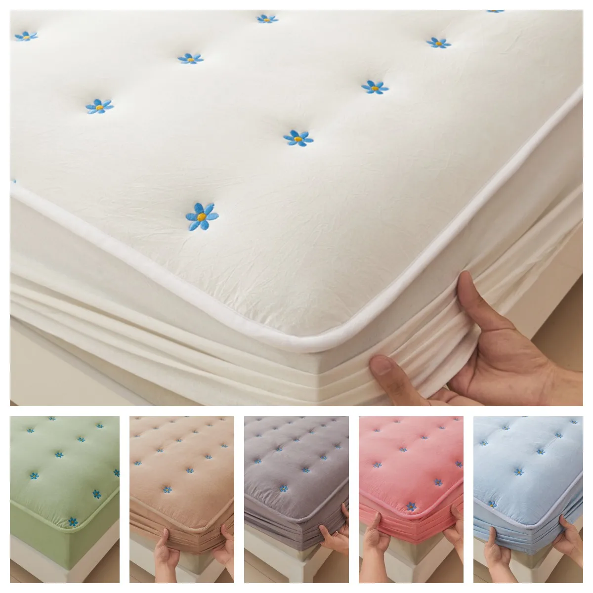 

1pc Pure Cotton Mattress Cover King Size For Double Bed Thicken Quilted Embroidery 매트리스커버 200x220cm Queen/King침대커버 No Pillowcase