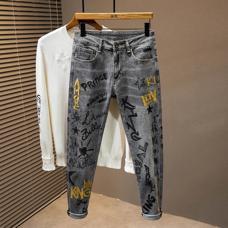 

Tide MEN'S jeans light luxury high-end splicing patch slim straight heavy embroidery plump handsome cotton casual fashion pants
