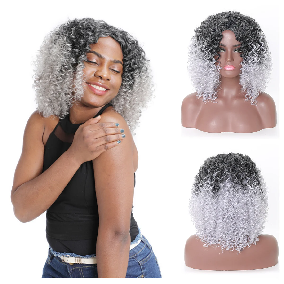 

Short Afro Curly Synthetic Wigs with Bangs Black and White Ombre Bomb Fiber Wig for Black Women Cosplay Daily Heat Resistant