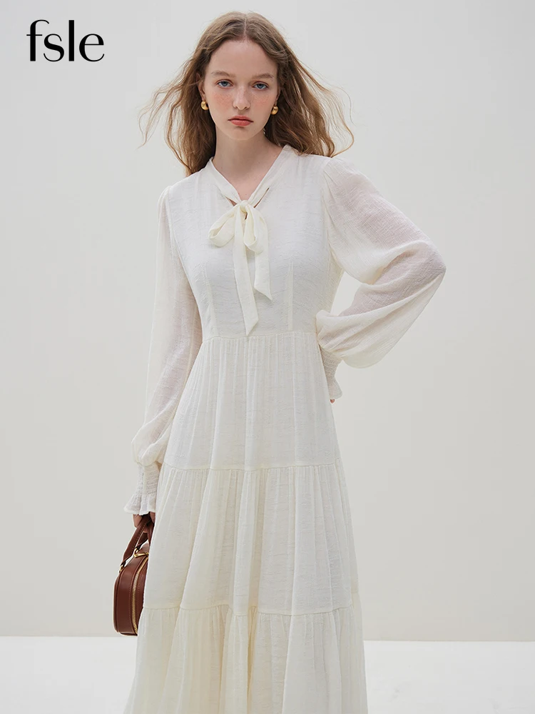 

FSLE Bowknot Long Sleeve Dress For Women Autumn Winter 2023 New Style Jacquard Dress White Full Sleeve Women Dress Casual