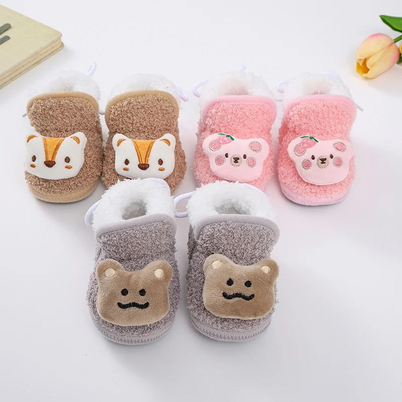 

Winter Baby Shoes Thick Warm Newborn Shoes Non-slip Soled Soft Plush Cartoon Animals Toddler Kids Boy Girls Infant First Walkers