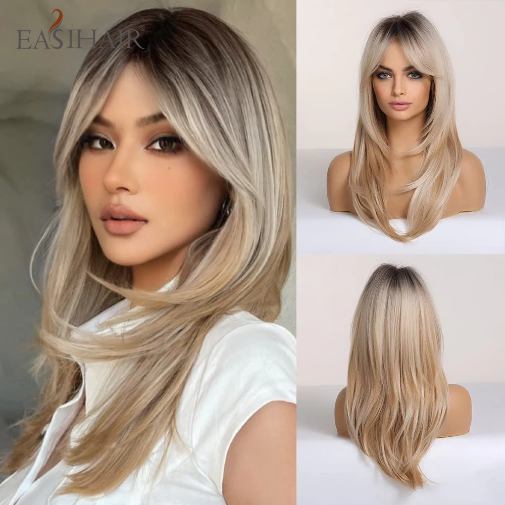 

EASIHAIR Brown to Blonde Ombre Synthetic Wigs Long Wavy Layered Wig With Bangs for Women Cosplay Natural Hair Wig Heat Resistant