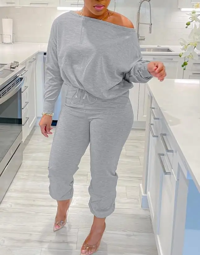 

Two Piece Set Women Outfit 2023 Summer Fashion Skew Neck Long Sleeve Top & Casual Drawstring Plain Daily Long Cuffed Pants Set