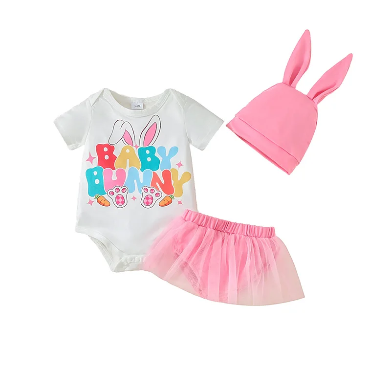 

Baby Girls Easter Shorts Sets Short Sleeve Letter Bunny Carrot Print Romper Tulle PP Shorts Hat Sets