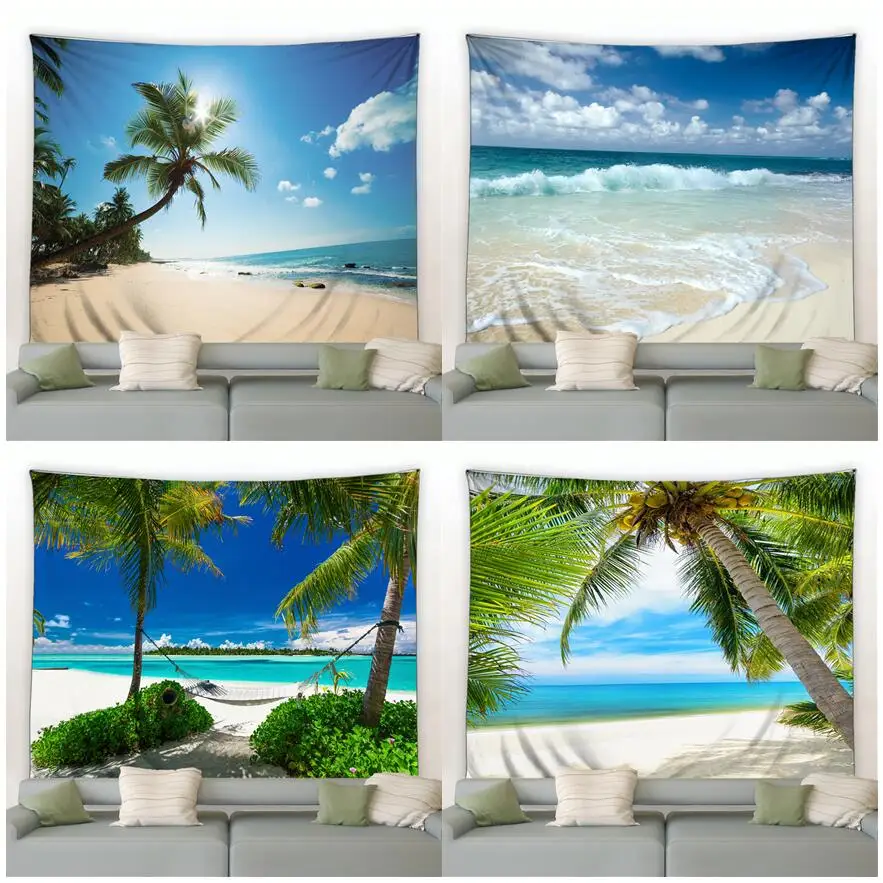 

Beach Coconut Trees Nature Landscape Tapestry Ocean Palm Leaves Summer Hawaiian Scenery Wall Hanging Living Room Bedroom Decor