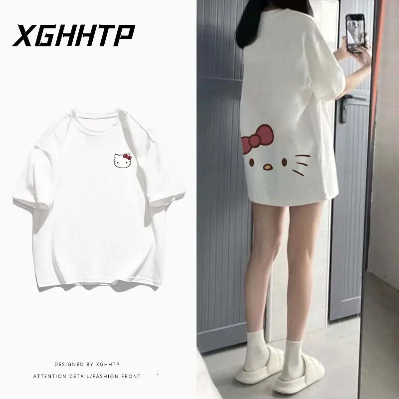 Хлопковая футболка с коротким рукавом Hello Kitty, летняя Свободная Повседневная футболка с аниме принтом Sanrioed, милые топы с круглым вырезом для девушек и студентов
Хлопковая футболка с коротким рукавом Hello Kitty, летняя Свободная Повседневная футболка с аниме принтом Sanrioed, милые топы с круглым вырезом для девушек и студентов