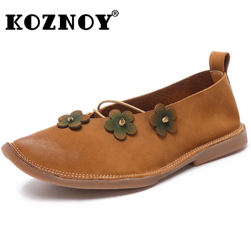 

Koznoy 2cm Women Moccasins Pointed Toe Genuine Leather Flats Comfy Fashion Lofers Females Vintage Summer Ethnic Shallow Shoes