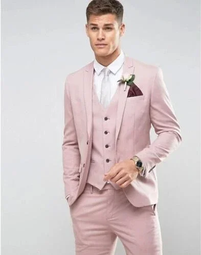 

Pink New Arrival Formal Wedding Elegant Men Suit Groom Tuxedo Prom Slim Fit Peak Lapel Blazers High Quality 3 Piece Set Costume
