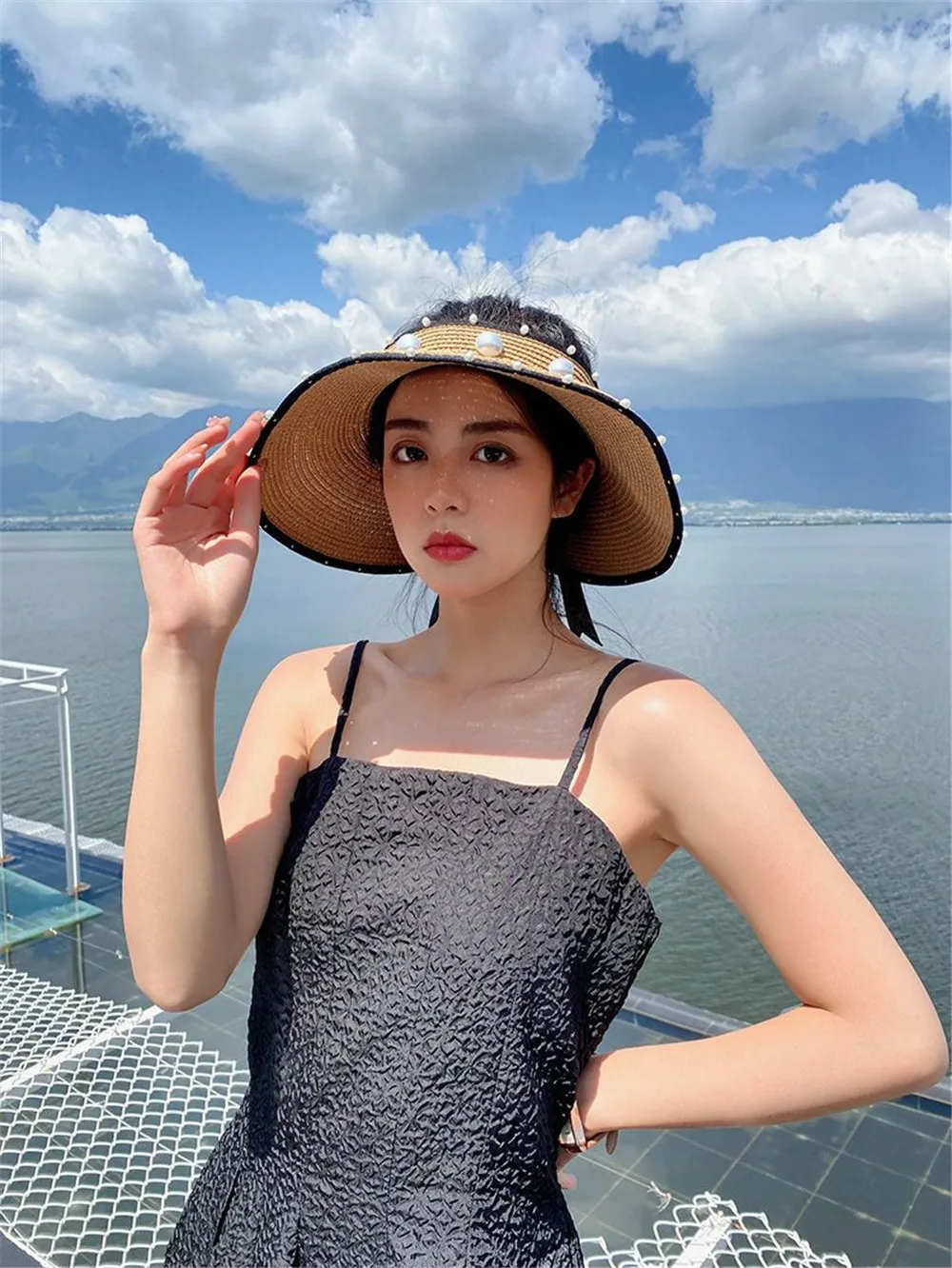 

Topless sun hat sunshade Pearl straw hat female summer fisherman's hat beach big eaves sunscreen small fragrant wind hat
