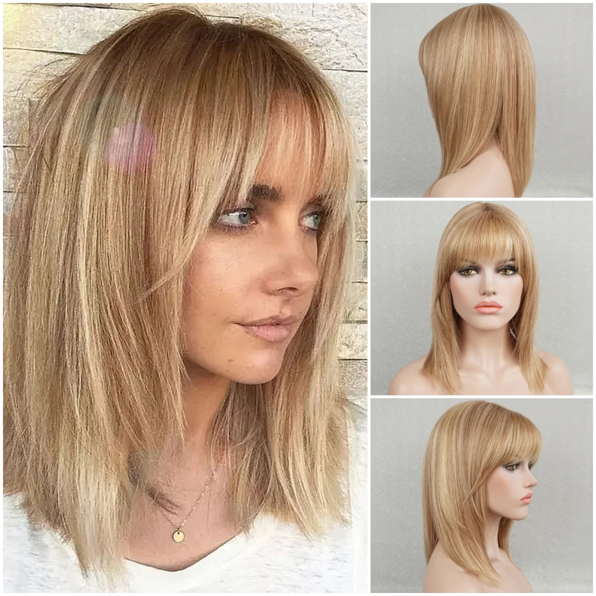

Full Wig Blonde Human Hair Bob Cut Glueless Wig Cap 130 Density 12 in Medium Length with Bang Blonde Highlights Wig for Women