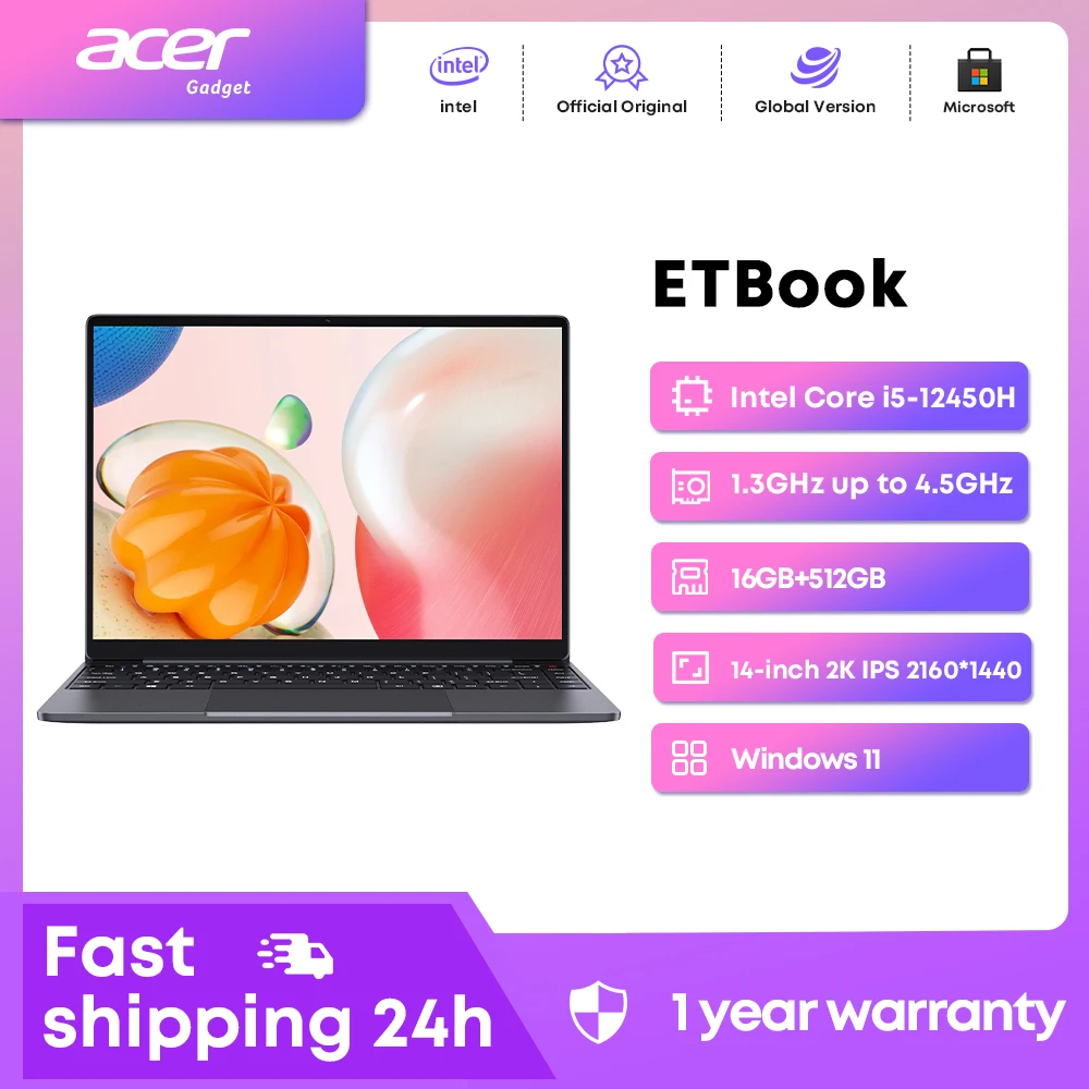 

Игровой ноутбук ACER ETBook 2024 года, intel, портативный компьютер, планшетофон, 16 ГБ ОЗУ, 512 Гб ПЗУ, 14 дюймов, 2160*1440P, компьютер на базе Windows 11