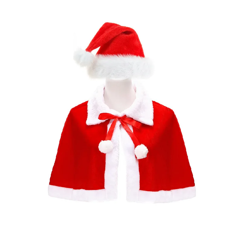 

New Year Winter Red Velvet Cape Cloak Christmas Women Girl Shawl Hat Party Costumes Dress Decoration Santa Claus Costume Fashion
