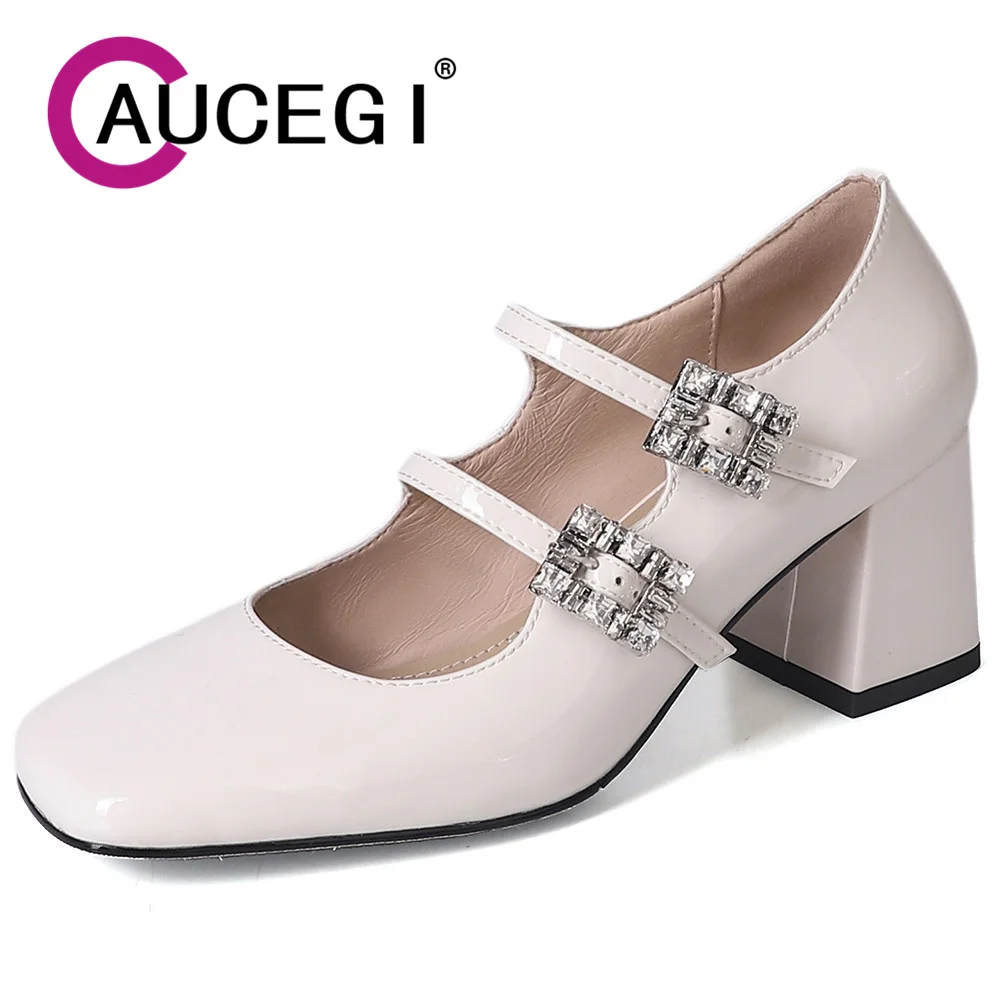 

Aucegi Hot Sale Spring Women's Pumps Fashion Shallow Rhinestone Buckle Strap Thick High Heel Elegant Square Toe Mary Jane Shoes