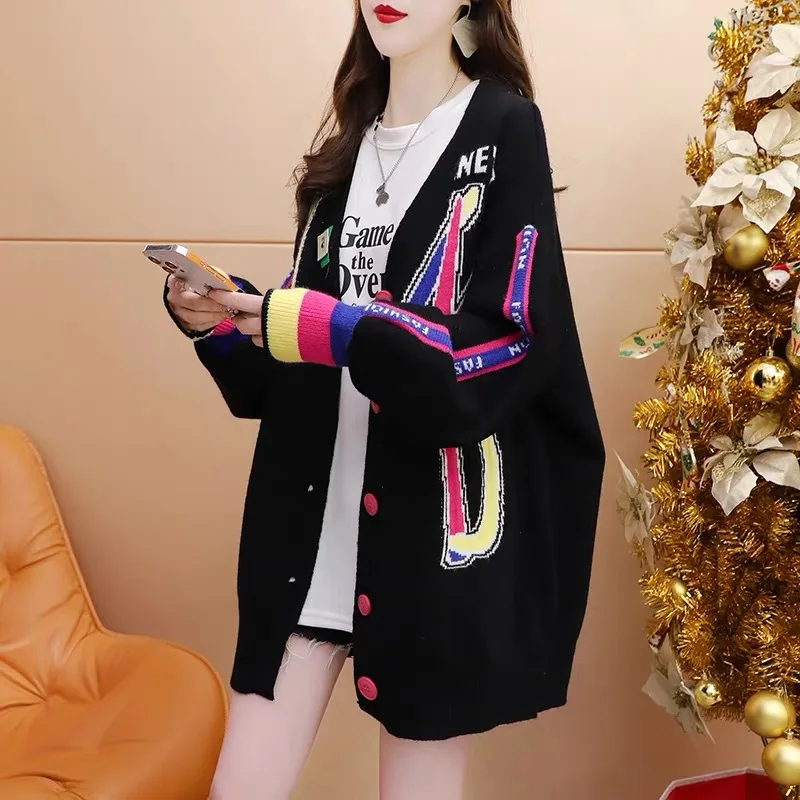 

Hsa 2023 Women New Arrivals Winter Sweater Cardigans Long Chic Harajuku Knitted Jackets Loose Korean Fashion Rainbow Sweater Top