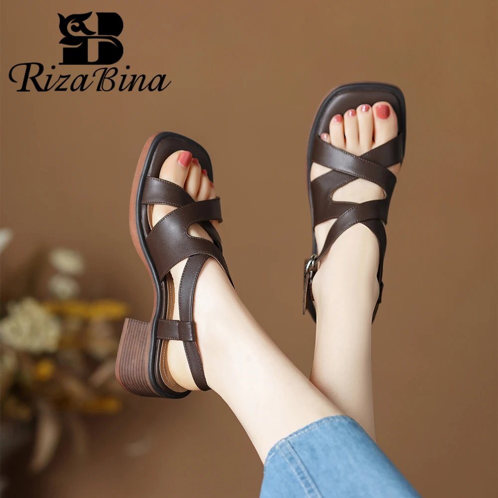 

RIZABINA Women Gladiator Sandals Fashion Square Toe Block Chunky Heel Sandals Female Ankle Strap Rome Style Casual Daily Shoes