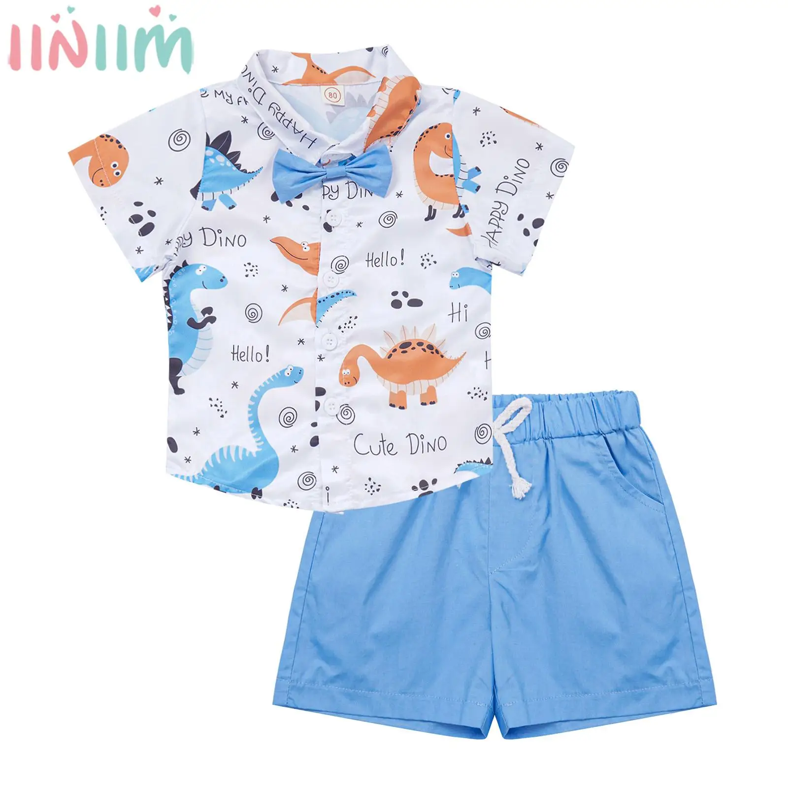 

Baby Boy Preppy Style Clothes Set Short Sleeve Bow Tie Cute Cartoon Print Lapel T-shirt with Shorts for Baptism Party Daily Wear