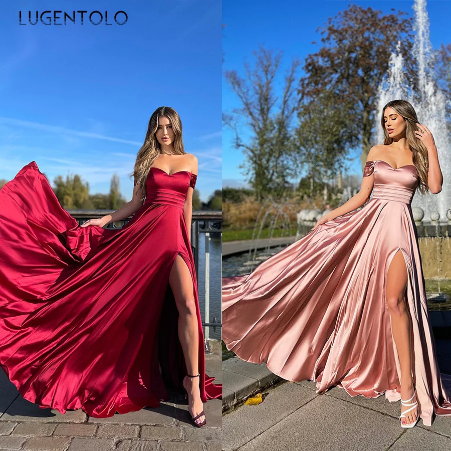 

Lugentolo Women sexy party dress slash neck High waist Split big swing lady banquet bridesmaid summer thin