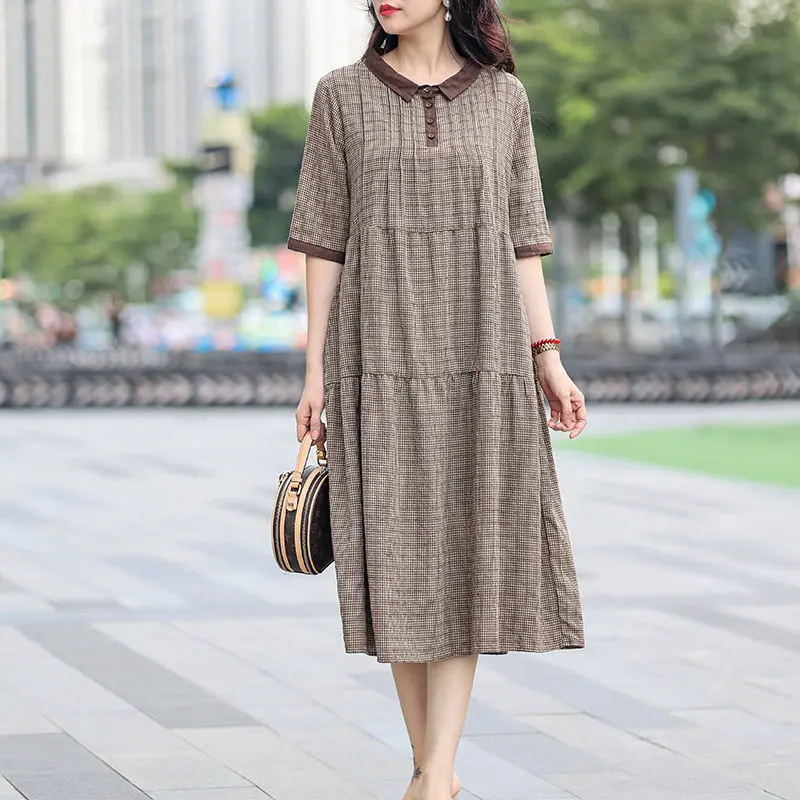 

Fashion Lapel Button Spliced Printed Folds Plaid Midi Dress Women's Clothing 2024 Summer New Loose Commuter Casual Dresses