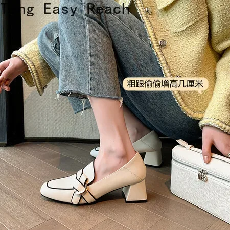 

Single Shoe Women's Summer Mid Heel Thick Heel Genuine Leather Soft Leather Small Leather Shoes Bow Lefu Shoes French Soft Sole