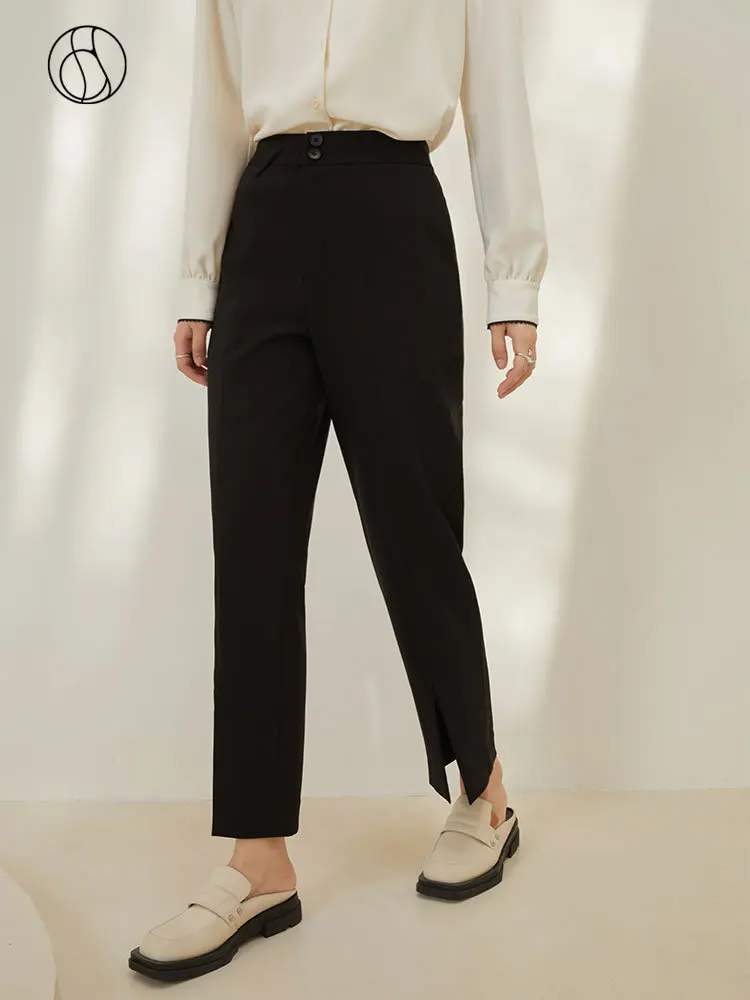 

DUSHU Women Black Thicken Suit Trousers Back Elastic Waist Ankle-Length Spilt Design Pants Office Lady Autumn Winter Trouser