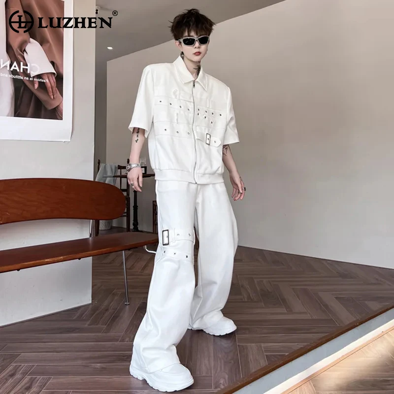 

LUZHEN Metal Chain Splicing Design Short Jackets Two-piece Sets Trendy Elegant Men's Solid Color Street Straight Pants LZ2218