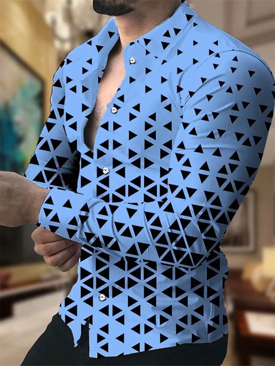 

Мужская рубашка с отложным воротником, Повседневная Уличная рубашка в клетку с геометрическим рисунком, длинными рукавами и пуговицами, дизайнерская одежда для повседневного и удобного ношения