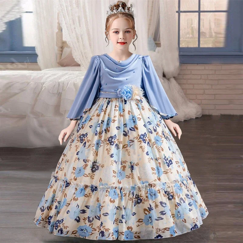 

Girls' chiffon retro princess dress 4-12 years old flower embroidery long dress banquet host fashion high-end performance dress