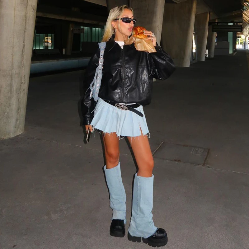 Women's Fashion Denim Short Skirt Solid Color High Waist Mini Pleated Skirt and Tie-Up Leg Cover
Women's Fashion Denim Short Skirt Solid Color High Waist Mini Pleated Skirt and Tie-Up Leg Cover