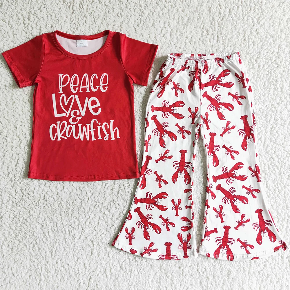 

RTS Toddler Baby Girls Clothes Short Sleeve Peace Love Crawfish Bell Pants Set Cute Kids Clothes Girls Boutique Outfits Spring