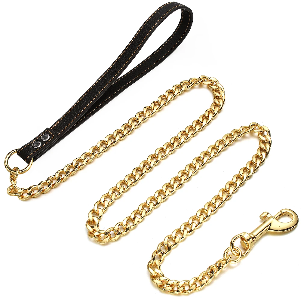 11mm Wide Gold Tone Stainless Steel Curb Cuban Link NK Chain Leash with Leather Handle For Small Medium Large Dogs 3FT 4FT 5FT
11mm Wide Gold Tone Stainless Steel Curb Cuban Link NK Chain Leash with Leather Handle For Small Medium Large Dogs 3FT 4FT 5FT