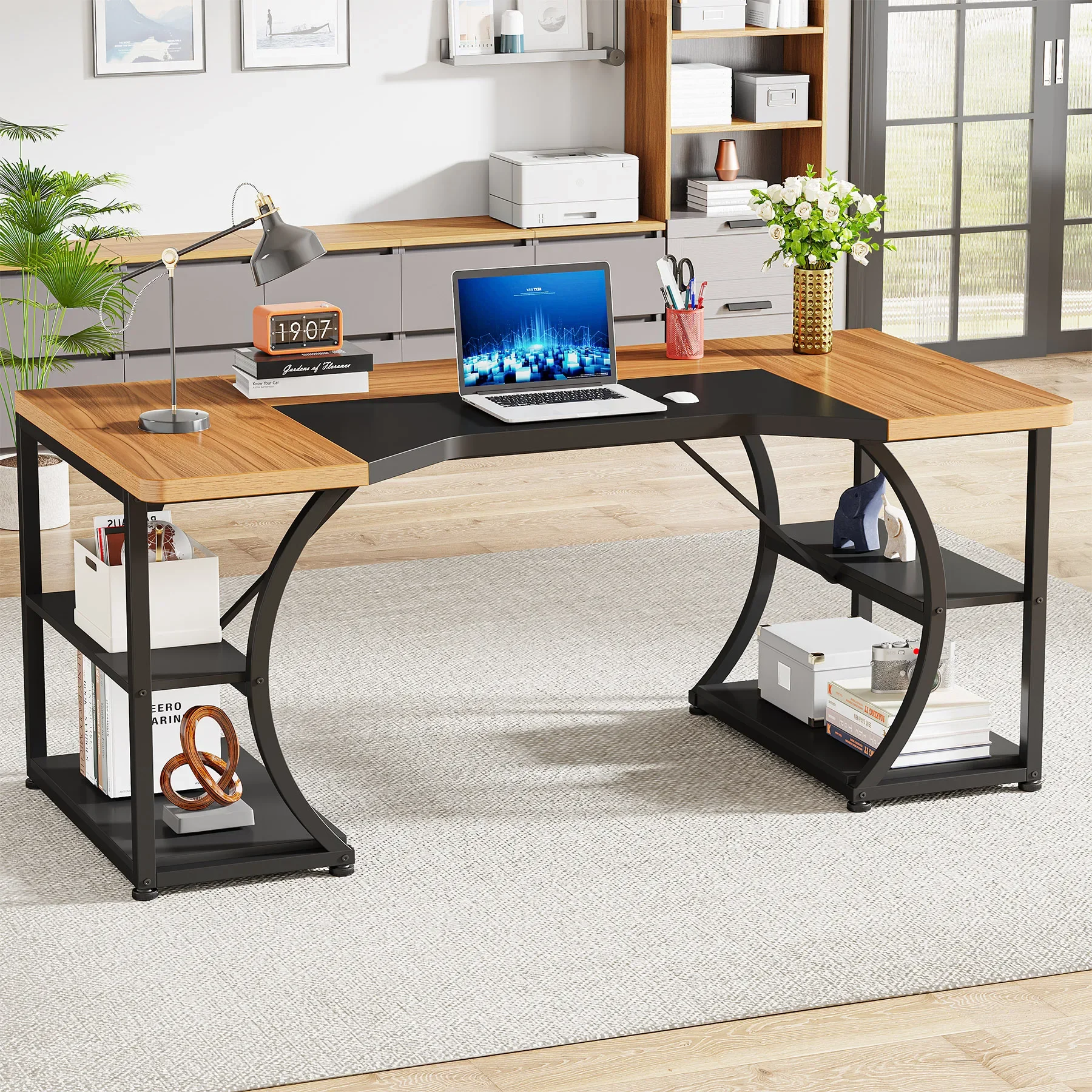 

Tribesigns 63 inch Home Office Desks with Storage Shelves and Ergonomic Curved Edge, Large Office Workstation Computer Table