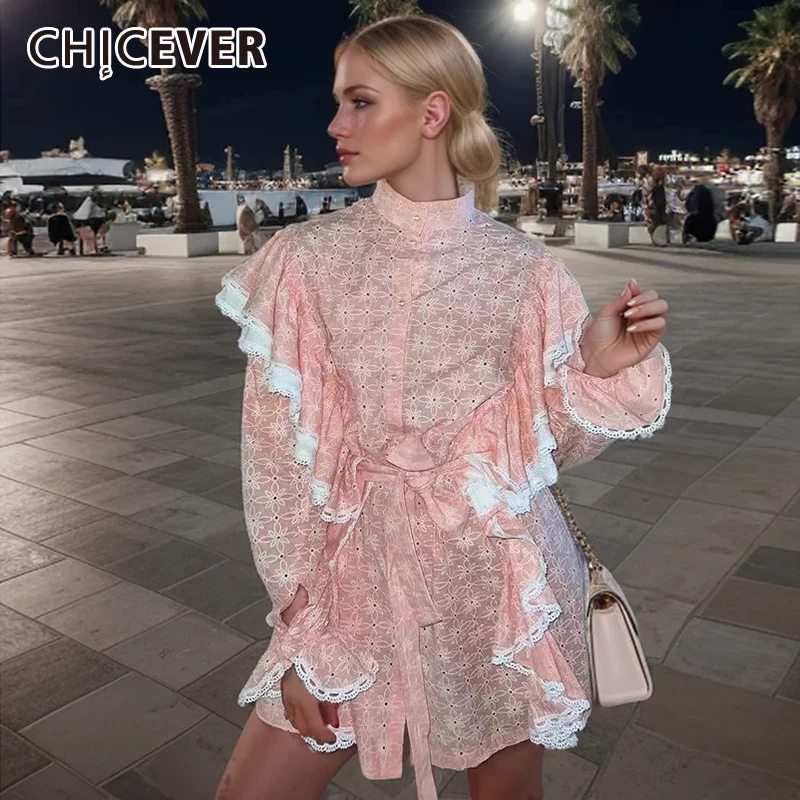 

CHICEVER Patchwork Ruffles Dress For Women Stand Collar Flare Sleeve High Waist Spliced Lace Up Solid Dresses Female Summer New